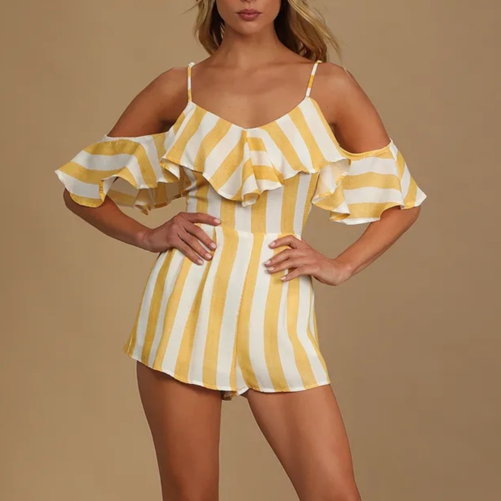 New lulus yellow stripped off-shoulder romper